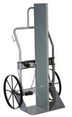 The Justrite Gcyl Ht,2Cyl,Fw,Stw gray metal hand truck includes two large black wheels, a vertical support panel, a chain for securing objects, and a handle for easy maneuverability, ensuring efficient transport.