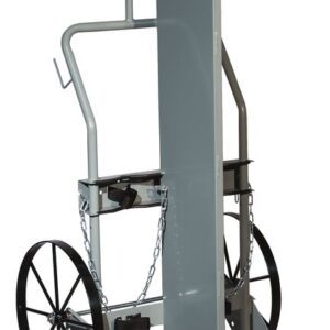 The Justrite Gcyl Ht,2Cyl,Fw,Stw gray metal hand truck includes two large black wheels, a vertical support panel, a chain for securing objects, and a handle for easy maneuverability, ensuring efficient transport.