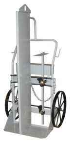 The Justrite Gcyl HT is a reliable metal hand truck with large black wheels, ideal for heavy item transport. It features a vertical platform, central handle, and security chains for safety, boasting a sturdy FW structure that’s both practical and dependable.