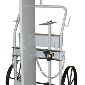 The Justrite Gcyl HT is a reliable metal hand truck with large black wheels, ideal for heavy item transport. It features a vertical platform, central handle, and security chains for safety, boasting a sturdy FW structure that’s both practical and dependable.