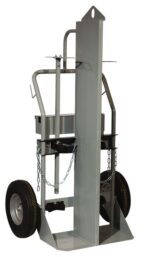 The Justrite Gcyl Ht is a metal hand truck featuring the FPT16 for enhanced stability. Its equipped with large wheels, chains, and vertical support for transporting heavy items. With a sleek silver-gray finish, it combines an industrial appearance with robust functionality.