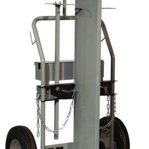 The Justrite Gcyl Ht is a metal hand truck featuring the FPT16 for enhanced stability. Its equipped with large wheels, chains, and vertical support for transporting heavy items. With a sleek silver-gray finish, it combines an industrial appearance with robust functionality.