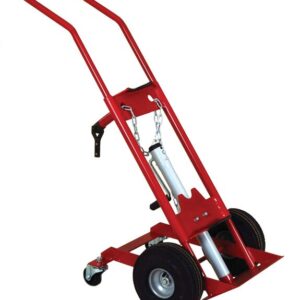 The Justrite Gcyl Ht, 1Cyl, Cyl Caddy is a red hand truck with two large black wheels and a handle. It has a metal frame with an added small caster wheel for stability and comes with chains attached to the central frame to secure loads securely.