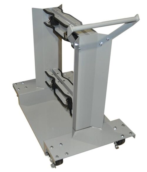 The Justrite Gcyl Cart (4Cyl) boasts a sturdy metal frame with a flat base, vertical supports, and caster wheels for smooth movement. Its gray design includes efficient clamps to secure items and a top handle for easy maneuverability.