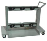 The gray metal Justrite Gcyl Cart,6Cyl features four wheels, a handle, and two shelves. The upper shelf has outlets for electronic devices, making it ideal for efficient storage and transport.