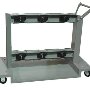 The gray metal Justrite Gcyl Cart,6Cyl features four wheels, a handle, and two shelves. The upper shelf has outlets for electronic devices, making it ideal for efficient storage and transport.