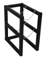 The Justrite Gcyl Barricade Rack,1X2 is a black metal stand with a rectangular frame and two horizontal supports. It includes two chains diagonally across each side, enhancing its stability or functionality.