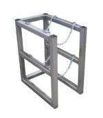 The Justrite Gcyl Barricade Rack,1X2,Ss has a metallic, rectangular frame with open sides and a diagonal chain connecting the top bars, featuring a simple industrial design ideal for structural or support purposes.