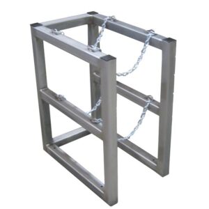 The Justrite Gcyl Barricade Rack,1X2,Ss has a metallic, rectangular frame with open sides and a diagonal chain connecting the top bars, featuring a simple industrial design ideal for structural or support purposes.