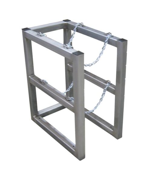 The Justrite Gcyl Barricade Rack,1X2,Ss has a metallic, rectangular frame with open sides and a diagonal chain connecting the top bars, featuring a simple industrial design ideal for structural or support purposes.