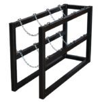 The Justrite Gcyl Barricade Rack, 1X4, in black, has a sturdy rectangular frame with multiple horizontal bars connected by chains. Ideal for industrial settings, it securely holds large gas cylinders with ease and reliability.