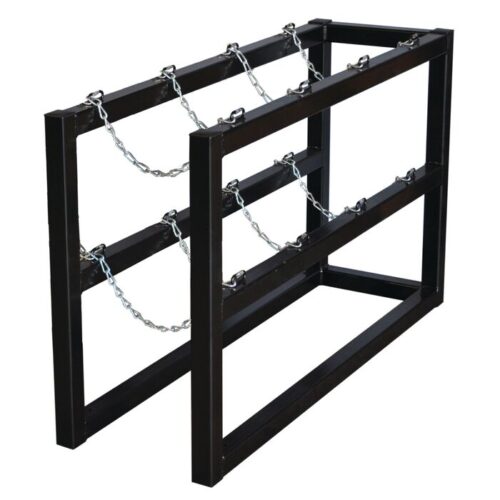 The Justrite Gcyl Barricade Rack, 1X4, in black, has a sturdy rectangular frame with multiple horizontal bars connected by chains. Ideal for industrial settings, it securely holds large gas cylinders with ease and reliability.