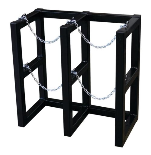 The Justrite Gcyl Barricade Rack,2X1, features a black metal frame that securely holds two cylinders. Equipped with safety chains and rectangular openings, it is designed to stand independently, combining functionality with a modern aesthetic.