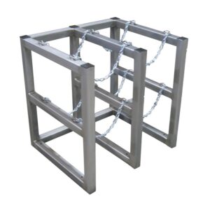 The Justrite Gcyl Barricade Rack,2X2,Ss features a minimalist silver rectangular frame with secure chains, offering a geometric industrial look ideal for outdoor bicycle storage.