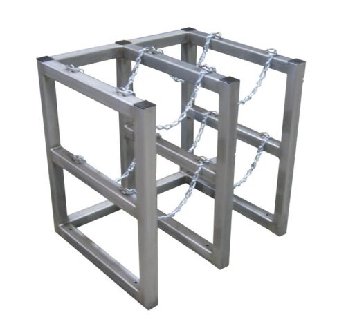 The Justrite Gcyl Barricade Rack,2X2,Ss features a minimalist silver rectangular frame with secure chains, offering a geometric industrial look ideal for outdoor bicycle storage.
