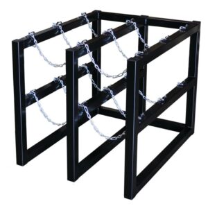 The Justrite Gcyl Barricade Rack,2X3 is expertly crafted to hold six propane tanks in three sections. Its black metal frame with silver chains firmly secures each tank, ensuring a sturdy rectangular structure.