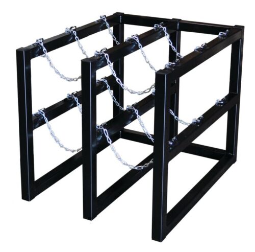 The Justrite Gcyl Barricade Rack,2X3 is expertly crafted to hold six propane tanks in three sections. Its black metal frame with silver chains firmly secures each tank, ensuring a sturdy rectangular structure.