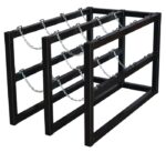 The Justrite Gcyl Barricade Rack,2X4 is a black metal rack featuring three sections secured with cross-linked chains. Its open industrial design and sturdy rectangular frame make it ideal for storing cylindrical items with both strength and style.