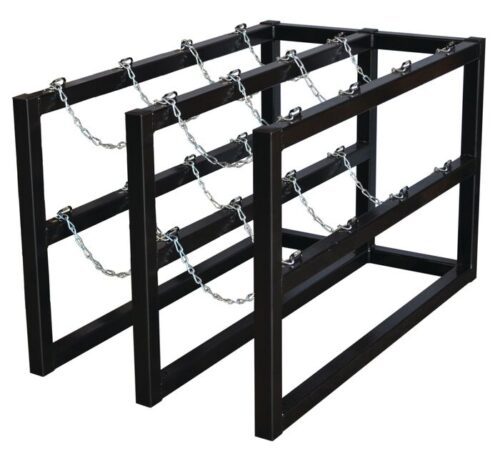 The Justrite Gcyl Barricade Rack,2X4 is a black metal rack featuring three sections secured with cross-linked chains. Its open industrial design and sturdy rectangular frame make it ideal for storing cylindrical items with both strength and style.