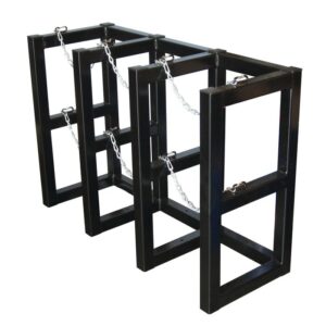 Introducing the Justrite Gcyl Barricade Rack,3X1: a black metal bike rack with three rectangular sections reinforced by chains for security, combining modern elegance and safety.