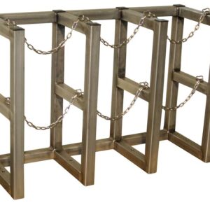 The Justrite Gcyl Barricade Rack,3X1,Ss is a metal storage rack with three sections and chained barriers, perfect for securely holding multiple cylindrical items like gas cylinders.