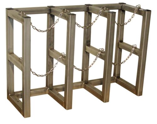 The Justrite Gcyl Barricade Rack,3X1,Ss is a metal storage rack with three sections and chained barriers, perfect for securely holding multiple cylindrical items like gas cylinders.