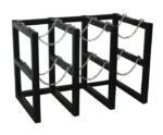 A black metal 3X2 rack with three chain-secured sections and an open, angular design reminiscent of the Justrite Gcyl Barricade Rack, offering a stylish yet functional framework structure.