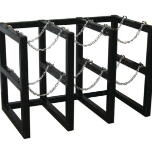 A black metal 3X2 rack with three chain-secured sections and an open, angular design reminiscent of the Justrite Gcyl Barricade Rack, offering a stylish yet functional framework structure.