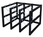The Justrite Gcyl Barricade Rack,3X3, is a metal storage unit with rectangular frames defining multiple slots. Each slot has chains for securing items, and the entire rack features a sleek black finish.