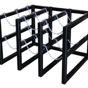 The Justrite Gcyl Barricade Rack,3X3, is a metal storage unit with rectangular frames defining multiple slots. Each slot has chains for securing items, and the entire rack features a sleek black finish.