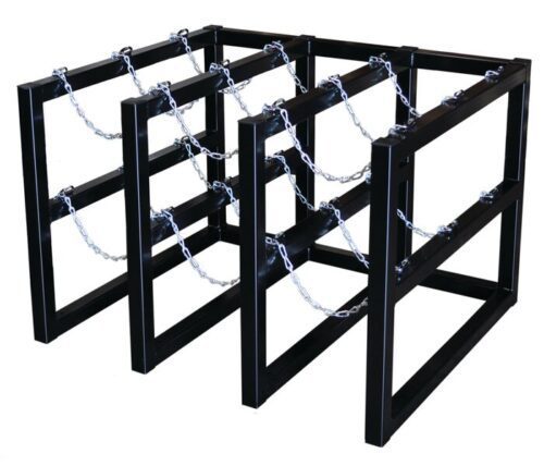 The Justrite Gcyl Barricade Rack,3X3, is a metal storage unit with rectangular frames defining multiple slots. Each slot has chains for securing items, and the entire rack features a sleek black finish.