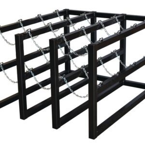 The Justrite Gcyl Barricade Rack,3X4 is a black metal structure with multiple chain-secured sections, ideal for holding cylinders like gas tanks. Its 3X4 rectangular frame is artistically captured from an angle, emphasizing its depth and dimension.