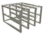 Three steel 3X4 frames, similar to the Justrite Gcyl Barricade Rack, are aligned parallel and linked by chains, creating a sleek industrial look.