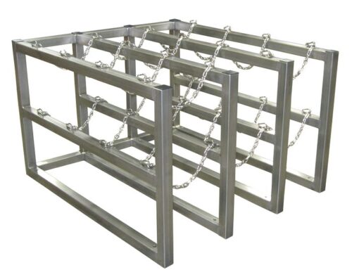 Three steel 3X4 frames, similar to the Justrite Gcyl Barricade Rack, are aligned parallel and linked by chains, creating a sleek industrial look.