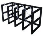 The Justrite Gcyl Barricade Rack, 4X2, features a black metal frame with square sections connected by silver chains. Its perfect for organizing cylindrical items and stands out against a white background.