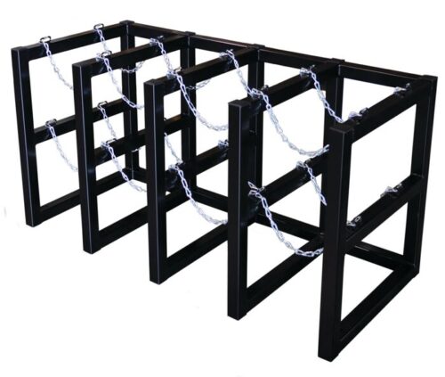 The Justrite Gcyl Barricade Rack, 4X2, features a black metal frame with square sections connected by silver chains. Its perfect for organizing cylindrical items and stands out against a white background.