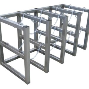The Justrite Gcyl Barricade Rack,4X2,Ss features four metal square frames connected by chains. Its minimalist design uses 4X2 horizontal and vertical bars, and the chains provide an industrial touch.