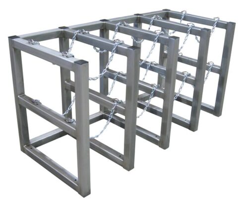 The Justrite Gcyl Barricade Rack,4X2,Ss features four metal square frames connected by chains. Its minimalist design uses 4X2 horizontal and vertical bars, and the chains provide an industrial touch.