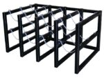 The black metal Justrite Gcyl Barricade Rack, 4X3, features multiple rows and tiers connected with hanging chains. Its open rectangular design is ideal for storage or support solutions, providing organized versatility.