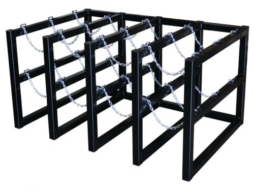 The black metal Justrite Gcyl Barricade Rack, 4X3, features multiple rows and tiers connected with hanging chains. Its open rectangular design is ideal for storage or support solutions, providing organized versatility.
