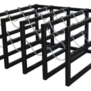 The Justrite Gcyl Barricade Rack,4X4, is a sleek black metal log storage unit with three sections. Its rectangular design includes top chains to securely organize and hold firewood in compact spaces.