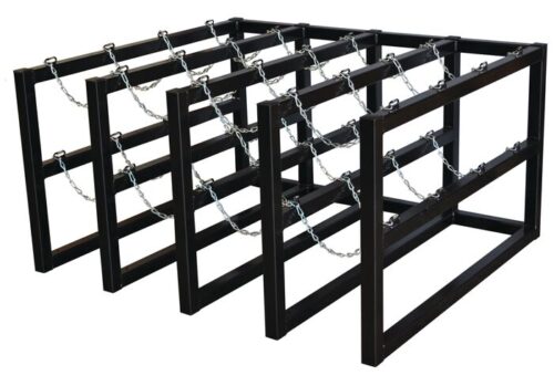 The Justrite Gcyl Barricade Rack,4X4, is a sleek black metal log storage unit with three sections. Its rectangular design includes top chains to securely organize and hold firewood in compact spaces.