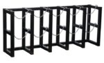 The Justrite Gcyl Barricade Rack,5X1 is a stylish black metal bike rack with a zigzag design and features chains between vertical bars to securely anchor multiple bicycles, making it perfect for outdoor use.