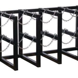 The Justrite Gcyl Barricade Rack, 5X2, is a black metal bike rack with four zigzag-patterned sections and chains for securing bicycles, providing ample space to park and lock multiple bikes securely.