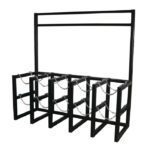 The Justrite Gcyl Barricade Rack, Prcss, 5X2, features a sleek black metal frame with five slots and chains for security, ideal for parking equipment or safely storing bicycles.