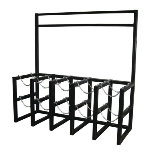 The Justrite Gcyl Barricade Rack, Prcss, 5X2, features a sleek black metal frame with five slots and chains for security, ideal for parking equipment or safely storing bicycles.