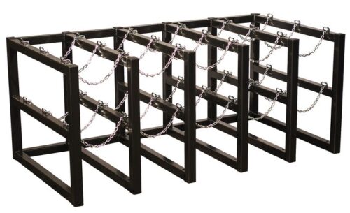 The Justrite Gcyl Barricade Rack, 5X3, is a black metal storage unit with five sections and safety chains, designed to securely hold and organize multiple gas cylinders.
