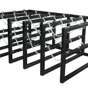 The Justrite Gcyl Barricade Rack, 5X4, features a row of black metal frames linked by zigzag chains, creating an intriguing and strong structure.