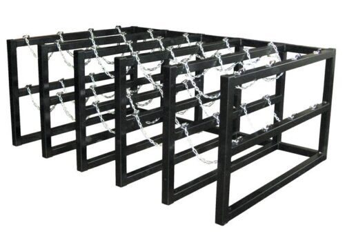 The Justrite Gcyl Barricade Rack, 5X4, features a row of black metal frames linked by zigzag chains, creating an intriguing and strong structure.