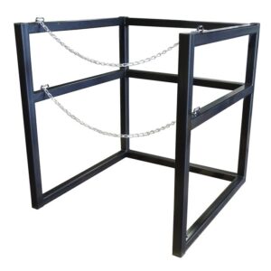 The Justrite Gcyl Barricade Rack, 33In, is a black metal stand with a rectangular frame featuring horizontal and vertical bars and two diagonal chains for support, designed to securely hold or display an object.